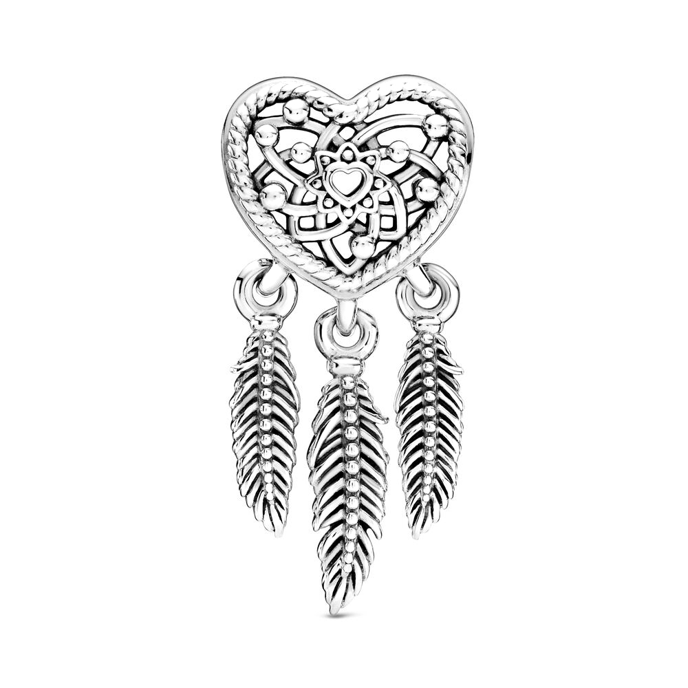 Pandora Moments Áttört szív és háromtollas álomfogó ezüst charm